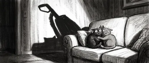 Scared Cats Huddling From Vacuum Shadow