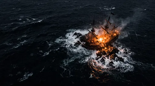 Burning Pirate Shipwreck on Dark Ocean Rocks