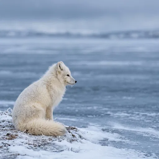 White Arctic Fox by Frozen Lake