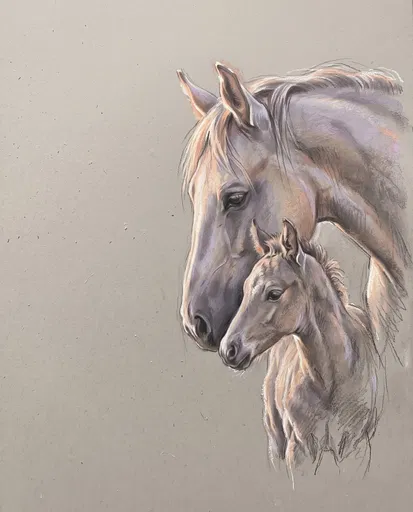 Pastel Drawing of Mare and Foal