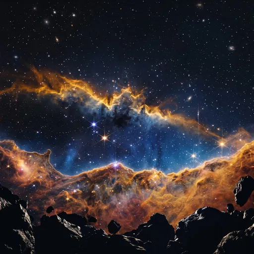 Gold and Indigo Nebula Over Asteroid Field