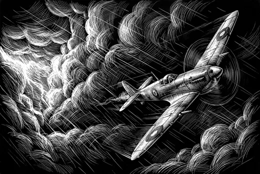 Scratchboard Vintage Fighter Plane in Storm