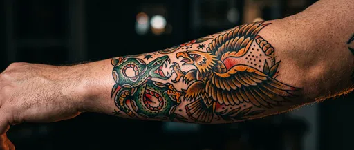 Traditional Eagle and Snake Forearm Tattoo
