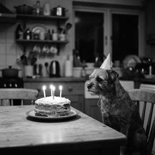 Border Terrier With Birthday Cake in Kitchen