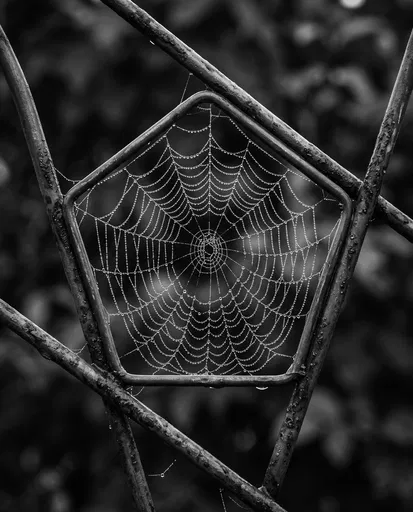 Monochrome Spiderweb Inside Pentagonal Metal Frame