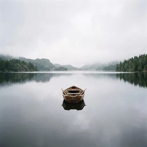 Wooden Rowboat on Misty Alpine Lake