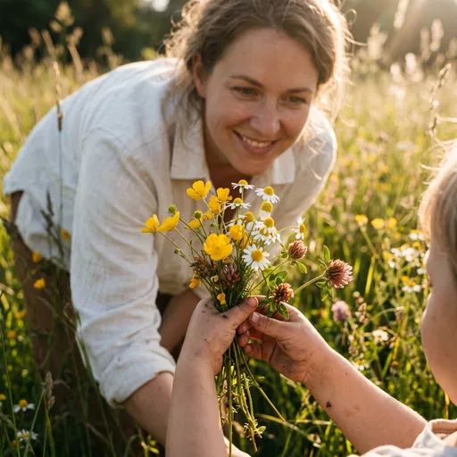 Child Giving Wildflowers to Smiling Mother