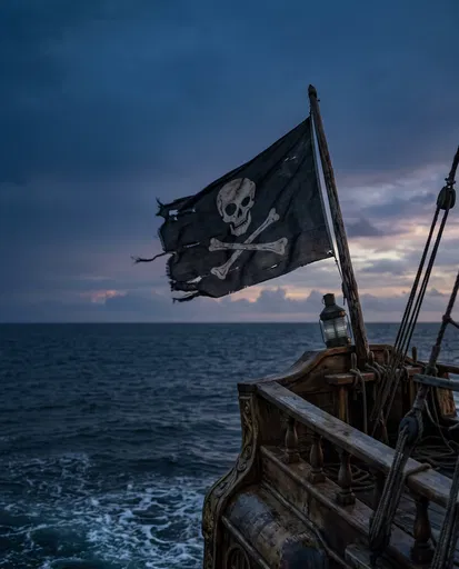 Tattered Pirate Flag on Ship at Dusk