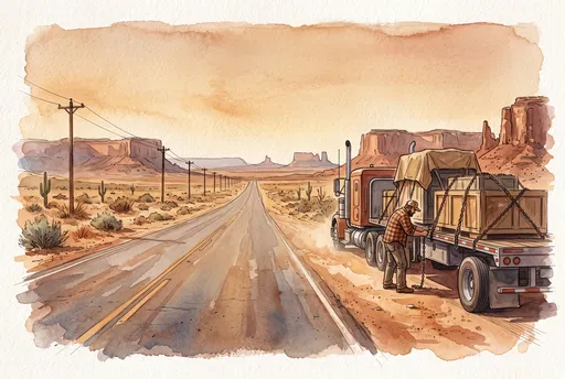 Watercolor Trucker Checking Flatbed Cargo in Desert