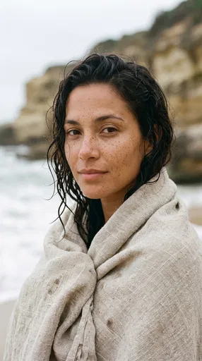 Woman in Linen Towel on Coastal Beach