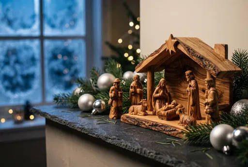 Olive Wood Christmas Nativity Set on Mantelpiece