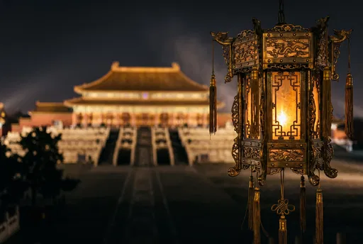 Ornate Bronze Lantern Before Illuminated Chinese Palace