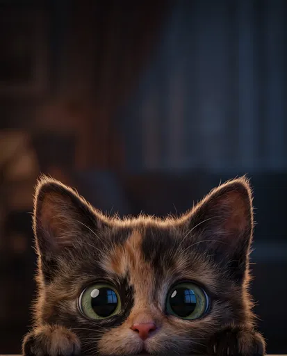 Curious Cartoon Kitten Peeking Over Edge