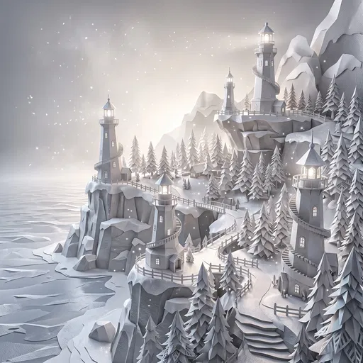 White Papercraft Lighthouses on Snowy Cliff