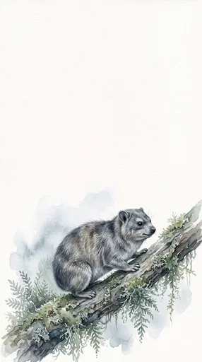 Watercolor Tree Hyrax on Mossy Branch