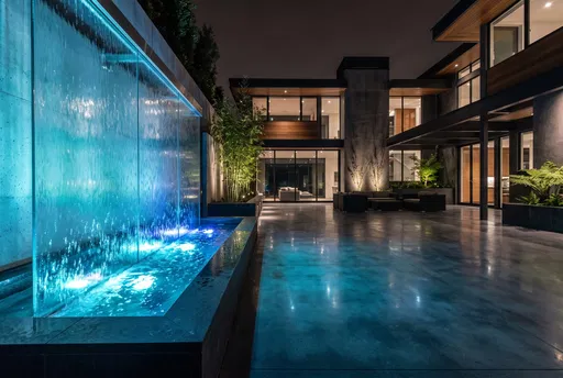 Modern Courtyard With Illuminated Glass Waterfall