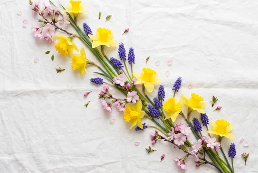 Diagonal Spring Flowers on White Linen