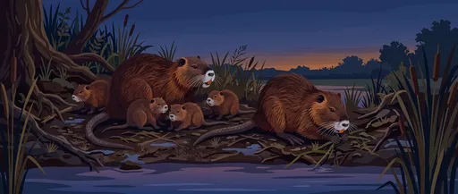 Nutria Family on Riverbank at Twilight Illustration