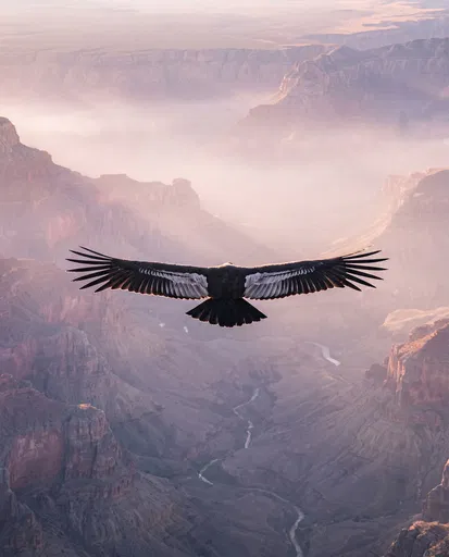 Condor Gliding Over Misty Canyon