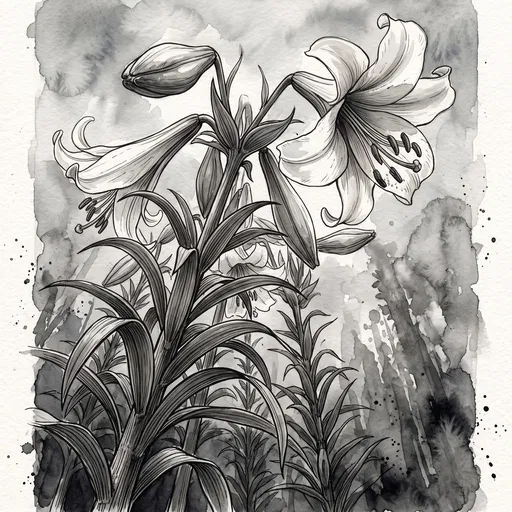 Monochrome Ink and Watercolor Lily Illustration