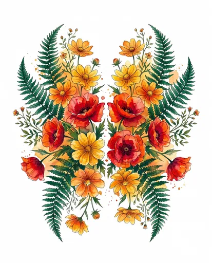 Watercolor Red Poppy and Yellow Cosmos Bouquet