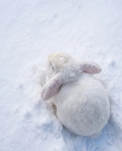 White Lop Rabbit Resting in Snow