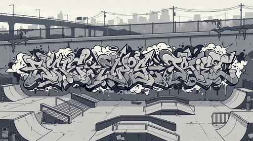 Monochrome Urban Skatepark With Graffiti Wall