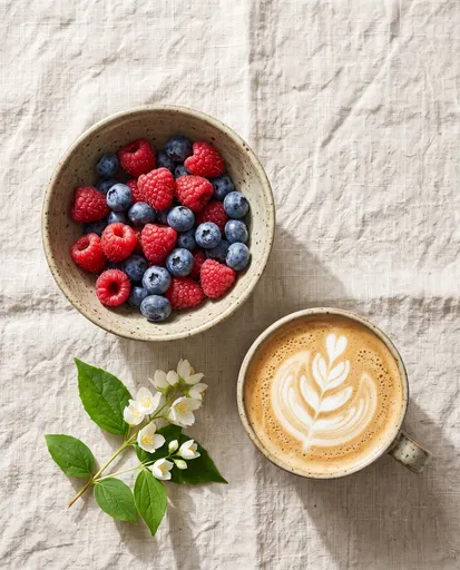 Morning Latte and Berries Flat Lay