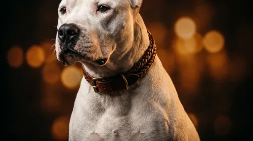 White Dogo Argentino Wearing Braided Leather Collar