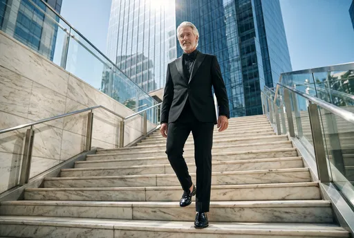 Senior Gentleman in Black Tuxedo on Stairs