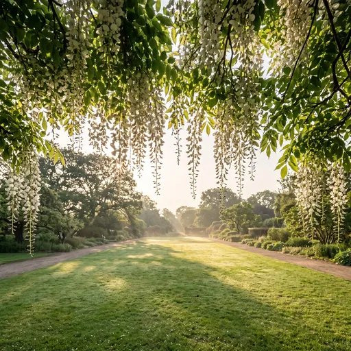 Backlit White Wisteria Framing Botanical Lawn