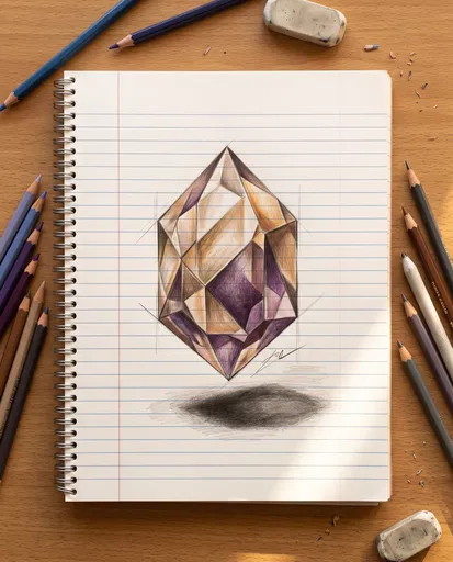 3D Crystal Drawing on Lined Notebook