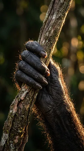 Primate Hand Gripping Vine in Sunlight