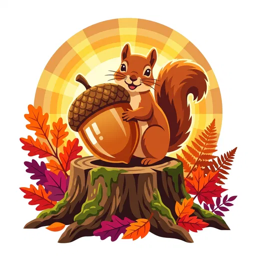 Cartoon Squirrel With Giant Acorn on Stump