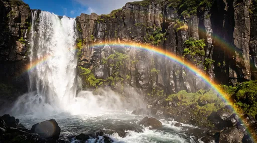 Waterfall and Double Rainbow on Basalt Cliffs