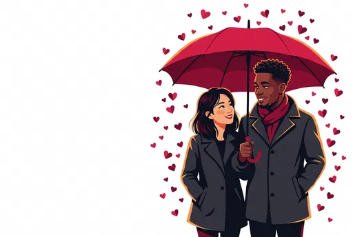 Couple Under Red Umbrella With Hearts