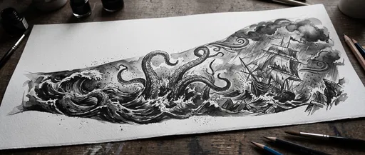 Monochrome Kraken and Ship Tattoo Concept