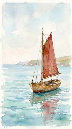 Watercolor Wooden Sailboat on Calm Sea