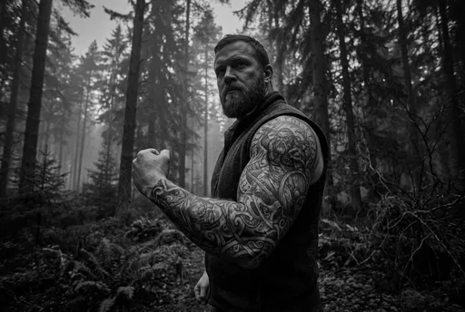 Bearded Man Flexing Norse Tattoo in Forest