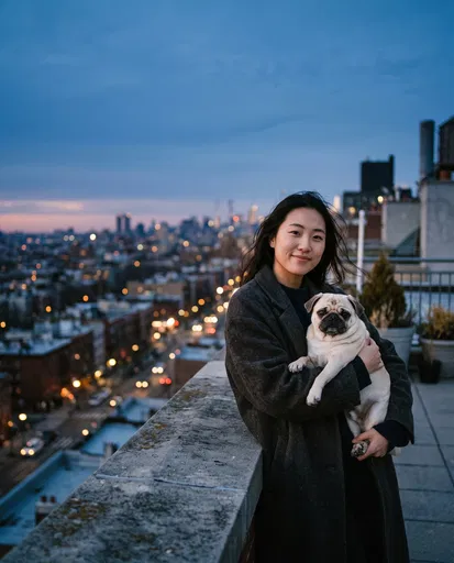 Woman Holding Pug on City Rooftop