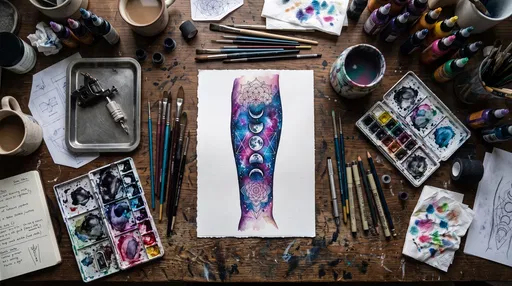 Tattoo Artist Desk With Cosmic Watercolor Design