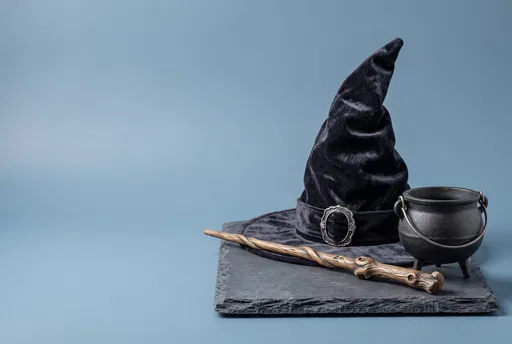 Witch Hat Wand and Cauldron on Slate