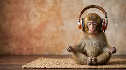 Meditating Young Monkey Wearing Retro Headphones
