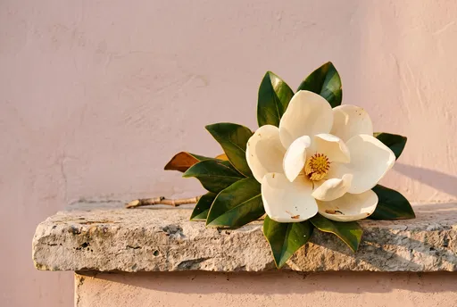 White Magnolia Blossom on Stone Ledge