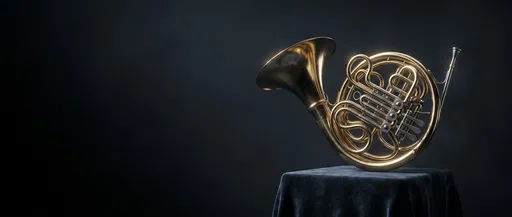 Brass French Horn on Dark Pedestal