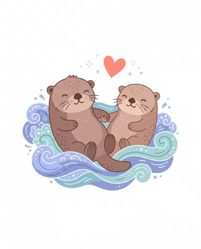 Cute Sea Otters Holding Paws Illustration