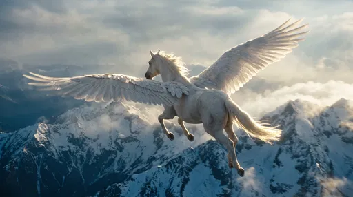 White Pegasus Soaring Over Snowy Mountains