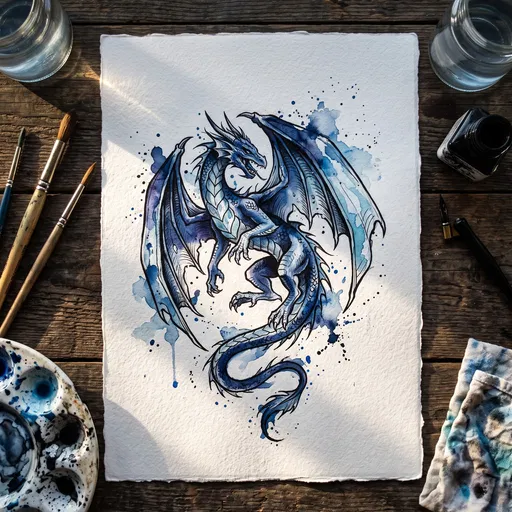 Blue Watercolor Dragon Painting Flat Lay