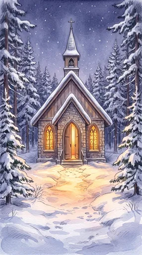 Snowy Country Chapel Watercolor Illustration