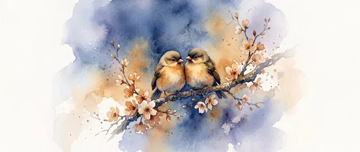 Watercolor Songbirds on Blossoming Branch